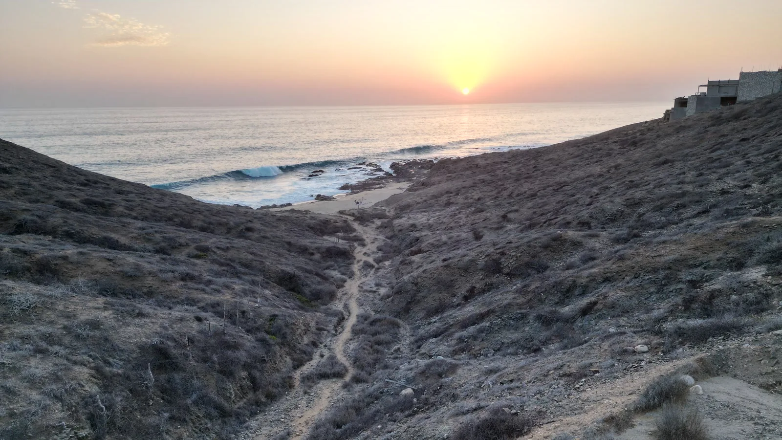 Aerial view of the Cerritos coastline at sunset