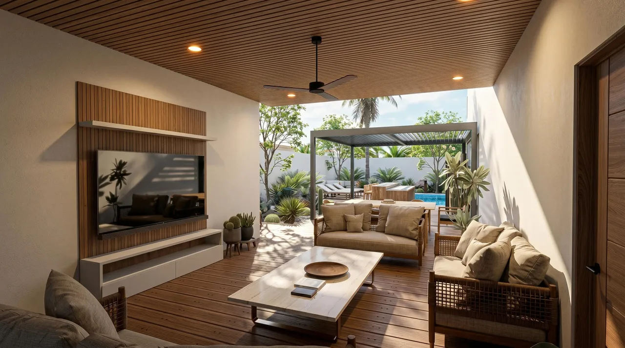 Concept rendering of a covered terrace opening onto a fenced private backyard