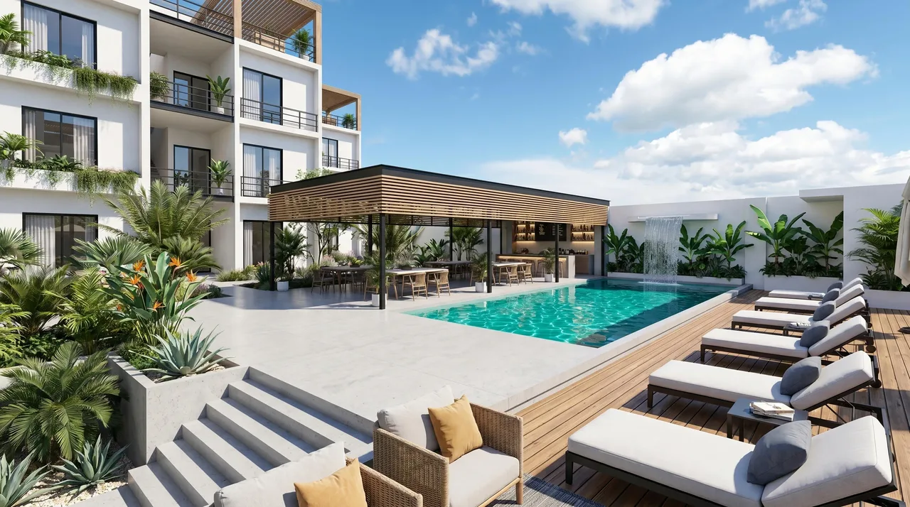 Concept rendering of the planned community pool and swim-up bar